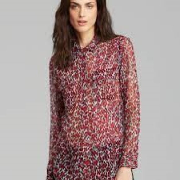 Equipment Femme Silk Blouse with Black, Red, White Print, Large - Picture 1 of 8